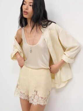 NEW Reformation Fern Sugar Yellow Lace Trim Linen Shorts Elastic Waist | US XS